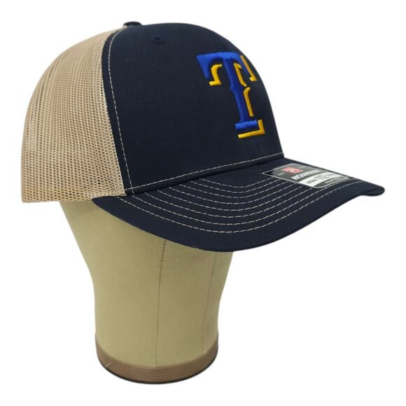Richardson Blue Gold Embroidered T Logo Mesh Snapback Cap Trucker Baseball Hat - Picture 3 of 13